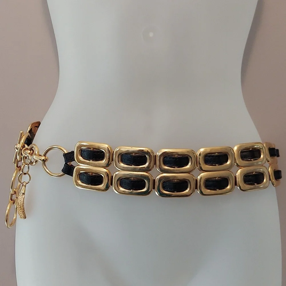 Vintage Late 1980s/Early 1990s Gold Chain & Woven Black Leather Double Link Belt - Picture 4 of 16